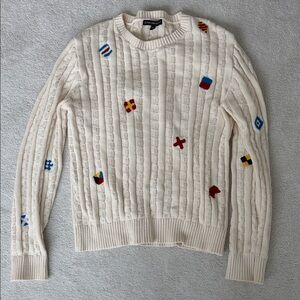 Kiel James Patrick Cream Cable Knit Sweater with Multicolor Nautical Flags